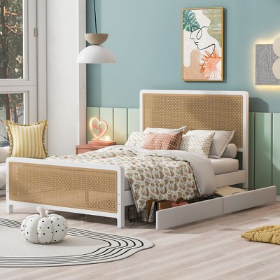 Full/Queen Size Metal Platform Bed with 2 Drawers, White, 4W -ModernLuxe