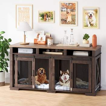 Dog Crate Furniture, 71 Inch Wood Dog Kennel, Dog Crate End Table with Double Doors, Divider, Indoor Dog Cage for Large Dog or 2 Medium Dogs
