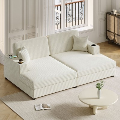 86.5" Oversized Loveseat Chaise Lounge Sectional Sofa Bed Corduroy Sleeper Sofa with Two USB Ports