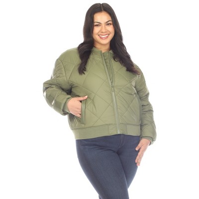 Plus Size Lightweight Diamond Quilted Puffer Bomber Jacket Olive 2X-White  Mark