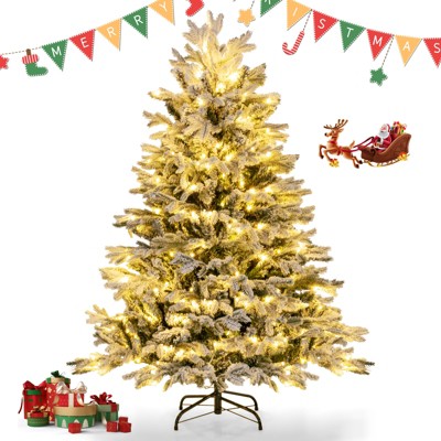 Tangkula 4.5/6/7 FT Pre-lit Artificial Christmas Tree Snow-flocked Xmas Tree with 200/350/450 Warm White LED Lights 688/1022/1328 Branch Tips