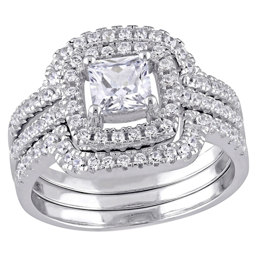 Photos - Ring 2 1/2 CT. T.W. Square Cubic Zirconia Halo Bridal Set in Sterling Silver 