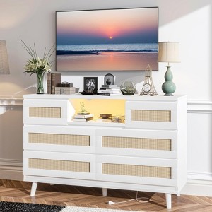 6-Drawer Rattan Dresser with LED Light & Charging Station, Modern Double Chest for Bedroom, Closet, Nursery, or Living Room - 1 of 4