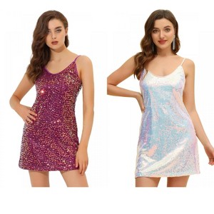 Allegra K Women's Glitter Sequin Spaghetti Strap V Neck Cocktail Sparkly Mini Dress 2 Packs - 1 of 4