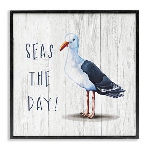 Stupell Industries Seas the Day Sentiment Rustic Nautical Seagull Bird Black Framed Giclee Art - 1 of 4