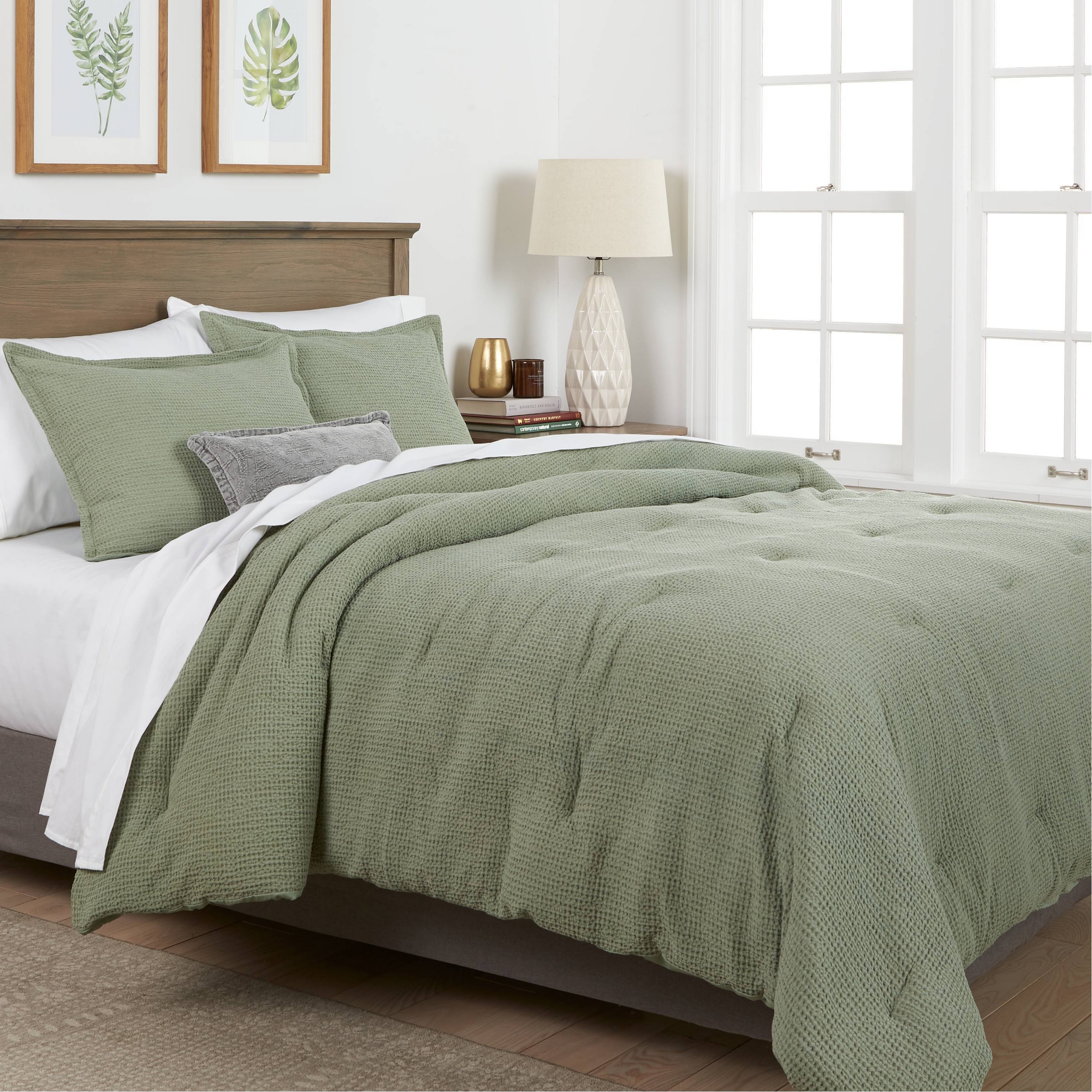 King Washed Waffle Weave Comforter and Sham Set Sage Green - Threshold™