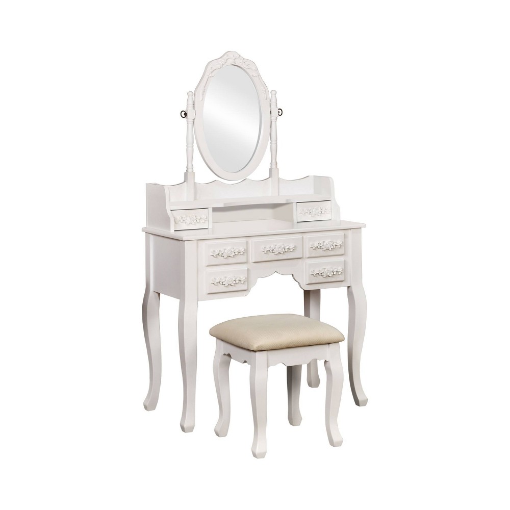 HOMES: Inside + Out 2pc Targus Vanity Set with Adjustable Mirror & Stool, Floral Carvings