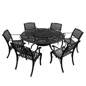 7pc Outdoor Dining Set with 59" Ornate Mesh Aluminum Round Table & Modern Chairs - Black - Oakland Living: UV-Resistant, Lazy Susan - 1 of 4