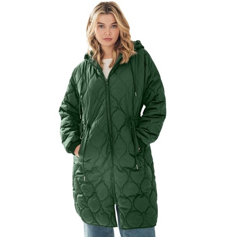 Ellos Women s Plus Size Long Quilted Jacket With Drawstring Waist 14 16 Midnight Green Target