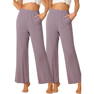 cheibear Women's Cotton Elastic Waist Straight Wide Leg Long Pants with Pocket 2 Pack - 1 of 4