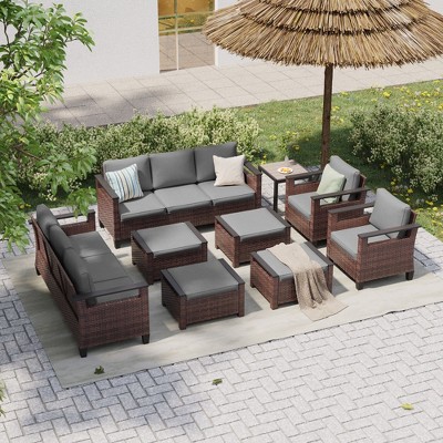 Sonkuki 9 Pieces Patio Sofa & Ottomans & Chair & Coffee Table Set, Conversation Couch with Cushion