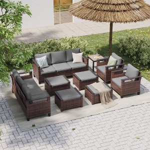 Sonkuki 9 Pieces Patio Sofa & Ottomans & Chair & Coffee Table Set, Conversation Couch with Cushion - 1 of 4