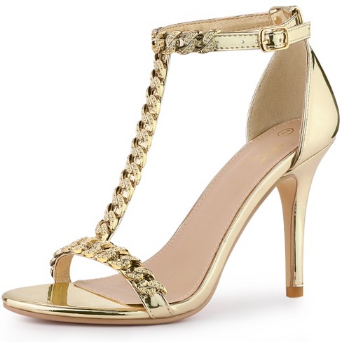 Perphy T Strap Rhinestone Ankle Strap Stiletto Heels Sandals for Women Gold  8.5