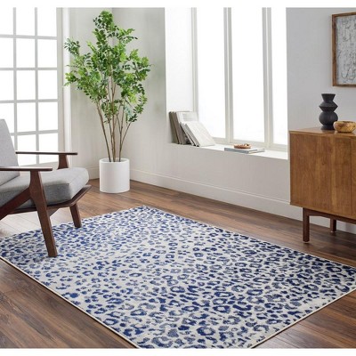 Alem Navy and White Synthetic Fur Leopard Print Area Rug