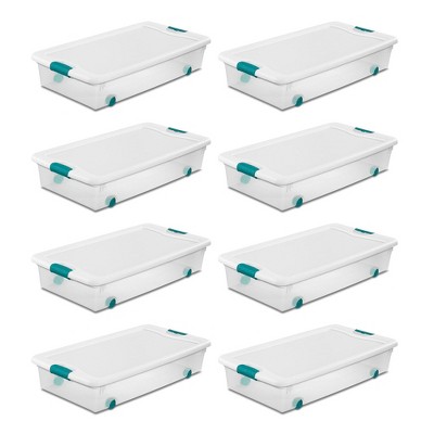 Sterilite 56 Quart Latching Stackable Under Bed or Closet Storage Box Container Bins with Secure Lid and Wheels, Clear (8 Pack)