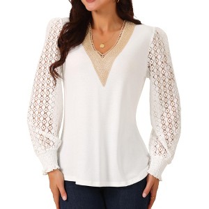 Seta T Women's Lace V Neck Long Sleeve Simple Casual Fall Winter Fashion T-Shirt - 1 of 4