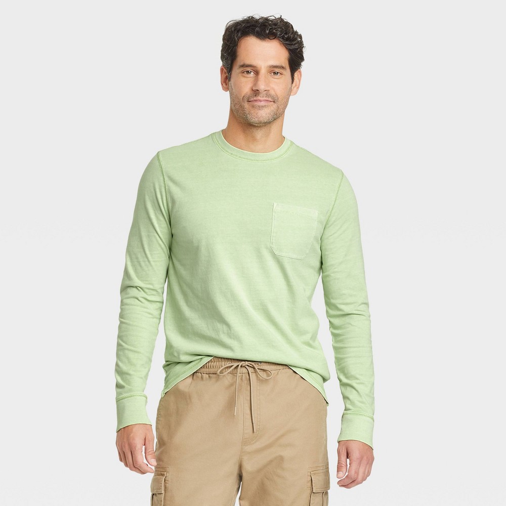 Men's Long Sleeve Garment Dyed Pocket T-Shirt - Goodfellow & Co Sage Green L