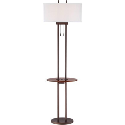 Franklin Iron Works Modern Industrial Floor Lamp with Table and USB Bronze Walnut Oval Linen Shade Living Room Bedroom Office