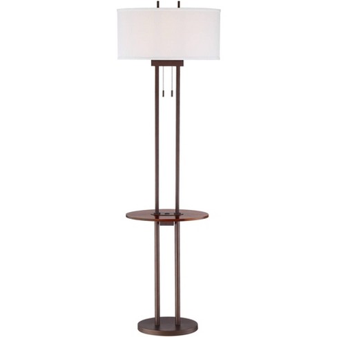 Franklin Iron Works Modern Industrial Floor Lamp With Table And Usb 62"  Tall Bronze Walnut Oval Linen Shade Living Room Bedroom Office : Target