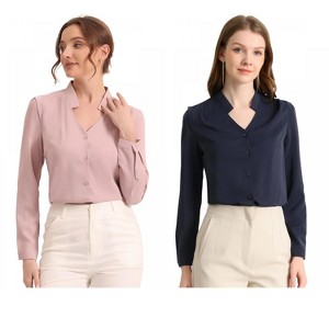 INSPIRE CHIC Women's Elegant V Neck Work Office Button Up Shirt 2 Packs - 1 of 4