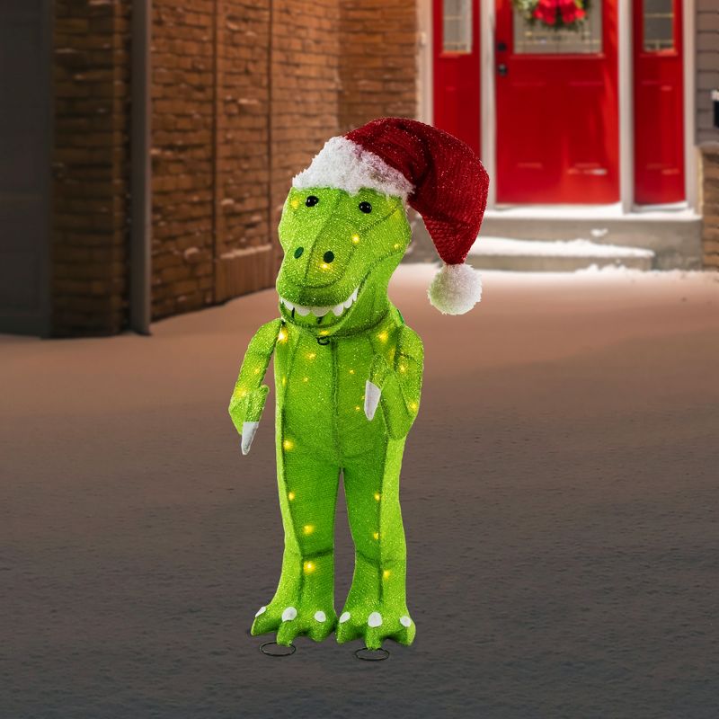 Northlight 30" LED Lighted Tinsel Santa T-Rex Dinosaur Outdoor Christmas Decoration, 2 of 7