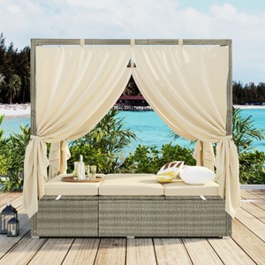 Outdoor Wicker Patio Daybed with Curtain, Sunbed Lounger with Adjustable Backrest, Sunbed with Iron Frame and Foam Cushions–Cuddlewood - 1 of 4