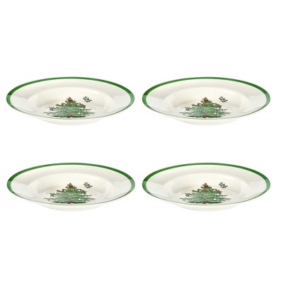 Spode Christmas Tree 9" Soup Plate (Set of 4) - Stoneware Soup Bowls with Festive Tree Design & Green Rim - Microwave & Dishwasher Safe