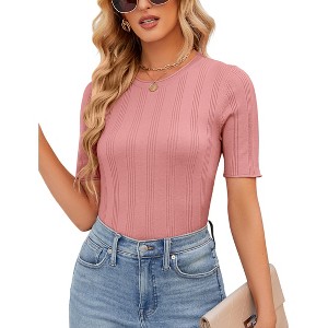 Womens Knit Shirts Slim Fit Sweater Tops Short Sleeve Round Neck Tops - 1 of 4