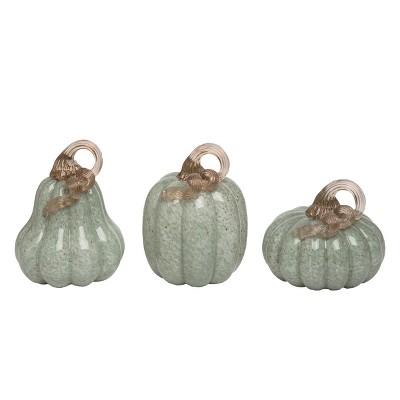 Transpac Large Green Pumpkins with Gold Accent Set of 3 Decorative Objects Pumpkin Figurines Glass Fall Harvest Green Tabletop  Spot or Wipe Clean