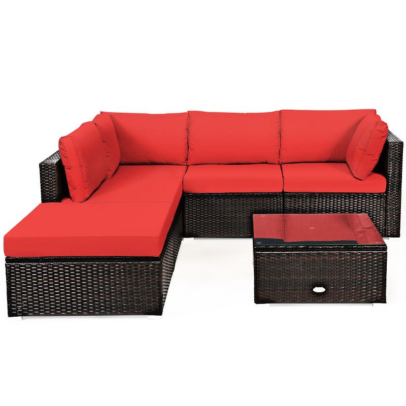 Tangkula 6PCS Patio Rattan Furniture Set Outdoor Sectional Sofa Set w/Coffee Table & Ottoman Black/Navy/Turquoise/Red/Brown, 4 of 7