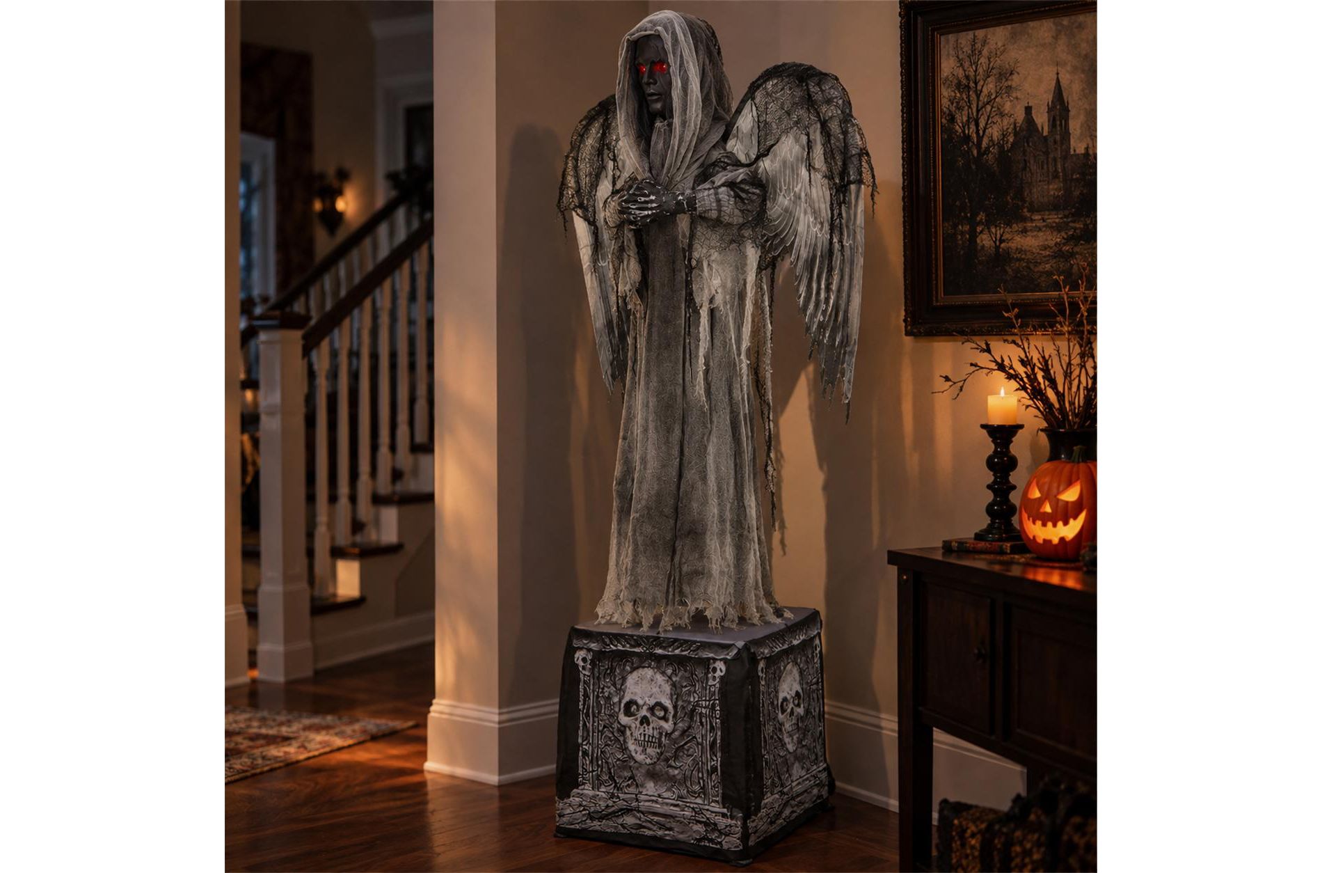 5.5 FT Halloween Skeleton Decorations, Posable Full Body Realistic Bones with Light Up Eyes and Body for Halloween Decor, Yard Lawn