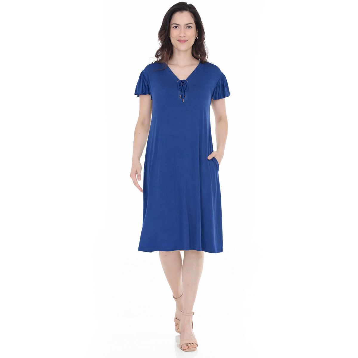 Women’s V-Neck Tie Front Flutter Sleeve Shift Dress -White Mark - thumbnail 10