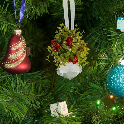 Festive Green and Red Glitter Mistletoe Ornament with Acrylic Crystal