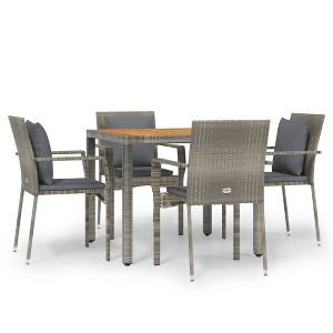 vidaXL Patio Dining Set - 5 Piece Garden Furniture with Cushions, Gray Poly Rattan Material, Solid Acacia Wood Tabletop, Powder-Coated Steel Frame - 1 of 4