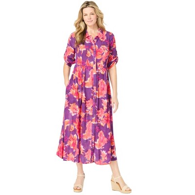 Woman Within Women's Plus Size Roll-Tab Sleeve Crinkle Shirtdress