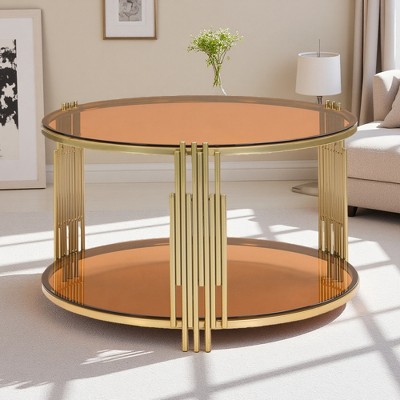31.5" Glass-Top Drum Coffee Table with Gold Base