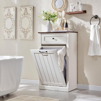 SinCiDo The Farmhouse Tilted Laundry Basket Cabinet,Laundry Storage Basket w/ Drawers or Hidden 10 Gallon Trash Can Cabinet,Bathroom,& Kitchen