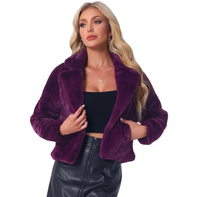 Allegra K Women's Cropped Notch Lapel Open Front Faux Fur Fluffy Coat