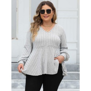 Plus Size Women's V Neck Ribbed T-Shirt Fluffy Fleece Puff Sleeve Casual Loose Fit Blouse Tunic Top - 1 of 4