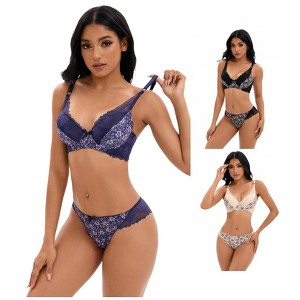 INSPIRE CHIC 3 Sets Women's Floral Mesh Push-Up Underwire Lace Bra and Underwear Lingerie Set - 1 of 4