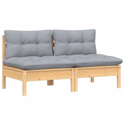 vidaXL 2-Seater Patio Sofa with Gray Cushions, Solid Pinewood Construction, Flexible Modular Design, Weather Resistant, Perfect for Outdoor Use