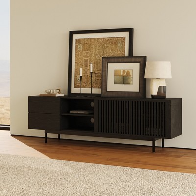POVISON Mid-Century Modern TV Stand, Louvered Wood Entertainment Center with Slatted Doors, Open Storage, Tall-Cast Metal Legs, 70.87"