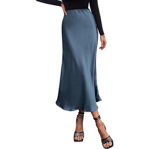 Women's 2025 Satin Midi Skirt - Elegant High Waist A-Line for Cocktail & Wedding Events Grey Blue - 1 of 4
