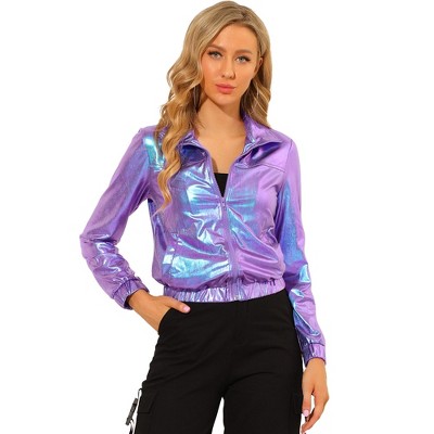 Purple bomber jacket cropped with pockets and front zipper in satin look