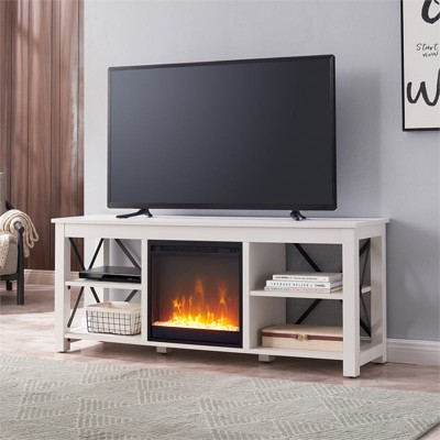 White Rectangular TV Stand with Crystal Fireplace Insert