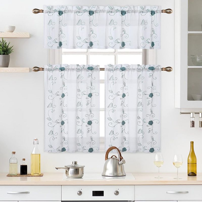 Floral Embroidered Voile Sheer Kitchen Tier Curtains or Valances, 5 of 6