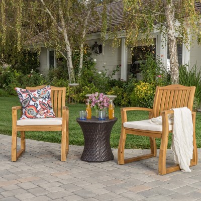 GDFStudio Copley Outdoor Acacia Wood and Wicker 3 Piece Chat Set with Cushion, Teak/Cream