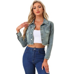 Allegra K Women's Turn Down Frayed Button Down Washed Cropped Denim Jacket - 1 of 4