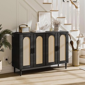 Rattan Buffet Cabinet with 4 Doors and Adjustable Shelves, Sideboard Console with Charging Station, Boho Wood Storage Cupboard for Dining Room - 1 of 4