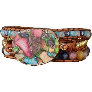 Women's Wrap Bracelet with Natural Jasper Crystal Stone Beads, Bohemian Leather Strand Bracelet - 1 of 4